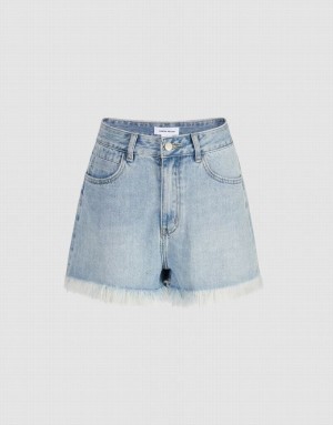 Blue Urban Revivo Raw Hem Women's Denim Shorts | 05634WXFN