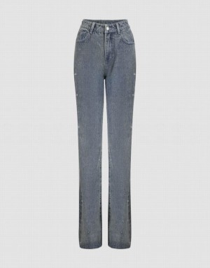 Blue Urban Revivo Rhinestone Decor Flare Women's Jeans | 84930CBFA