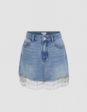 Blue Urban Revivo Rhinestone Hem Mini Straight Women's Denim Skirt | 35780AGUR