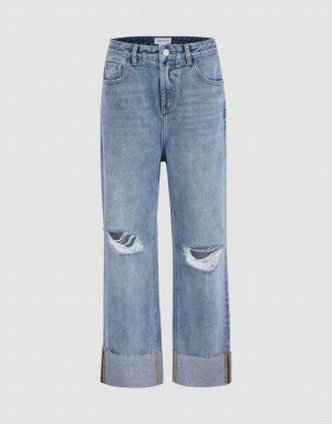 Blue Urban Revivo Ripped Straight Women's Jeans | 91870GSTV