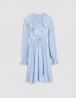 Blue Urban Revivo Ruffle Hem V Neck Women's Casual Dress | 62809PDXT