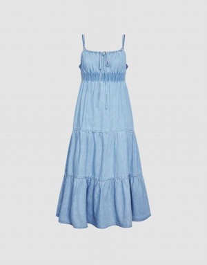 Blue Urban Revivo Shirred Waist Tiered Cami Women's Denim Dress | 46372RGYP