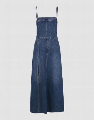 Blue Urban Revivo Skinny Off-Shoulder Cami Women's Denim Dress | 34910KDEZ