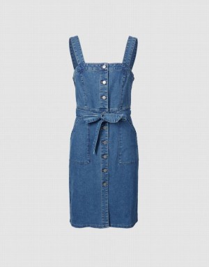 Blue Urban Revivo Sleeveless Button Front Women's Denim Dress | 91685WBHC