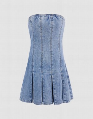 Blue Urban Revivo Sleeveless Off-Shoulder Women's Denim Dress | 14053TUAF