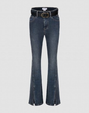 Blue Urban Revivo Split Hem Flare With Belt Women's Jeans | 84639RWBX