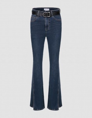 Blue Urban Revivo Split Hem Flare With Belt Women's Jeans | 69213PMGV