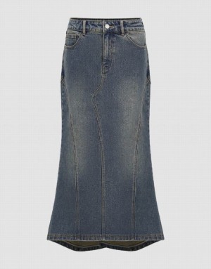 Blue Urban Revivo Split Hem Midi Fishtail Women's Denim Skirt | 58941RTVD