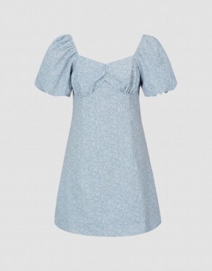 Blue Urban Revivo Square-Cut Collar A-Line Women's Denim Dress | 84176AWTZ