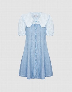 Blue Urban Revivo Statement Collar Button Front Spliced Women's Denim Dress | 67204HXFM