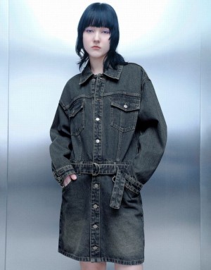 Blue Urban Revivo Straight With Belt Women's Denim Dress | 30246ARCU