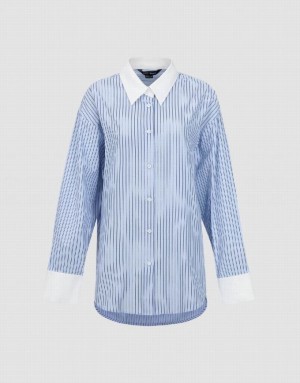 Blue Urban Revivo Striped Button Up Lapel Women's Shirts | 45301ZKPF