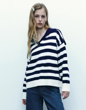 Blue Urban Revivo Striped Lapel Knitted Women's Cardigan | 01358GIND