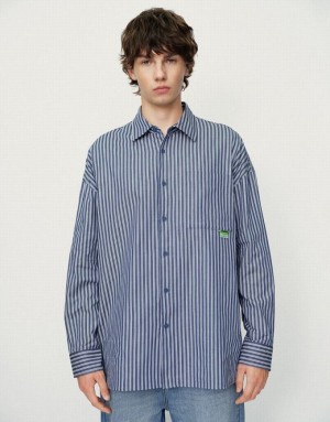 Blue Urban Revivo Striped Oversized Men's Shirts | 07219AWRI