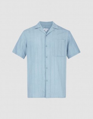 Blue Urban Revivo Striped Short Sleeve Men's Shirts | 35107BHXC