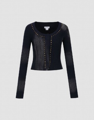 Blue Urban Revivo Studded Decor Knitted Women's Cardigan | 32518KWHP