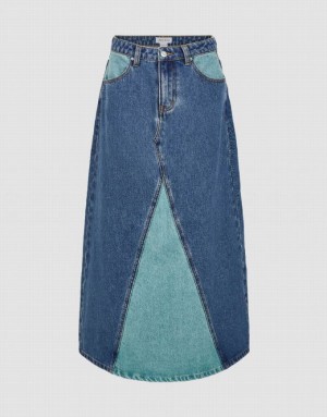 Blue Urban Revivo Two Toned Midi A-Line Women's Denim Skirt | 24395UHCE