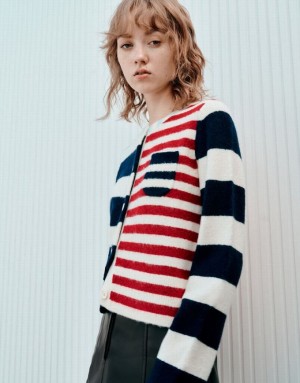 Blue Urban Revivo Two Toned Striped Knitted Women's Cardigan | 56402QTUS