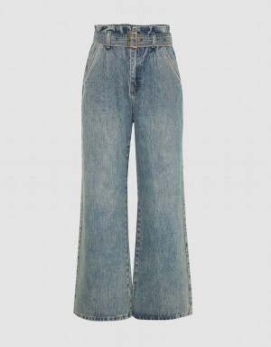 Blue Urban Revivo Wide-Leg With Belt Women's Jeans | 47960EKLB