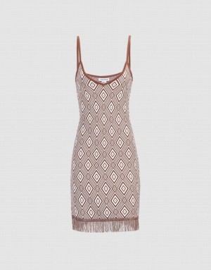 Brown Urban Revivo Argyle Pattern Raw Hem Bodycon Cami Women's Knitted Dress | 70421YZVU