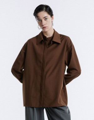 Brown Urban Revivo Basic Button Up Women's Shirts | 10589JNSM