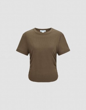 Brown Urban Revivo Crew Neck Skinny Women's T-Shirts | 78901RHQM