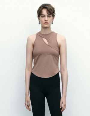 Brown Urban Revivo Cut-Out Women's Tank Top | 08512KMAB