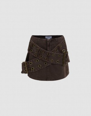 Brown Urban Revivo Double Buckles Mini Straight Women's Denim Skirt | 23480RDJM