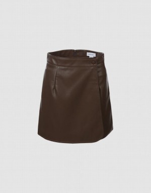 Brown Urban Revivo Faux Leather Wrapped Women's Skirts | 59806STAG