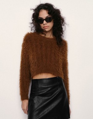 Brown Urban Revivo Furry Crew Neck Knitted Women's Cardigan | 70863OVAH