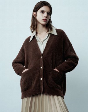 Brown Urban Revivo Furry V-Neck Knitted Women's Cardigan | 79853OZNS