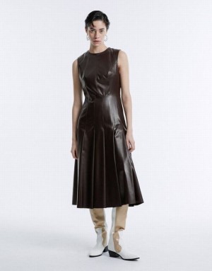 Brown Urban Revivo Gathered Waist Faux Leather Women's Casual Dress | 79680AGZH