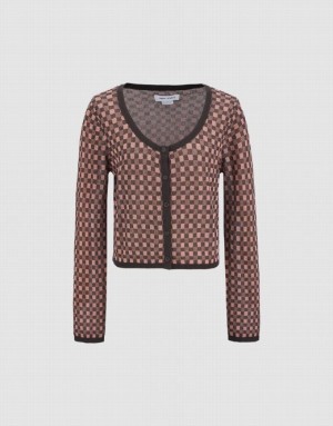 Brown Urban Revivo Gingham U Neck Knitted Women's Cardigan | 58769NXKD