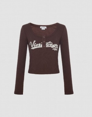 Brown Urban Revivo Letter Print With Press Buttons Women's T-Shirts | 25938PFRG