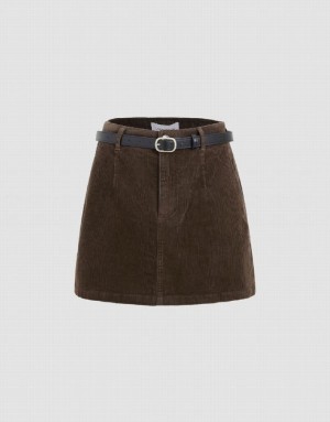 Brown Urban Revivo Mini Straight With Belt Women's Skirts | 47031QDYL