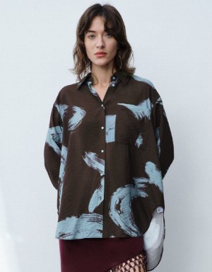 Brown Urban Revivo Printed Straight Women's Shirts | 12859QHYB