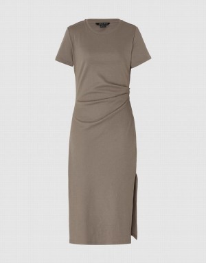 Brown Urban Revivo Ruched Crew Neck Straight Women's Dress | 82413YSOK