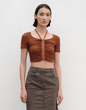 Brown Urban Revivo Ruched U Neck Skinny Women's T-Shirts | 83592ZXQD