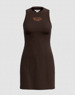 Brown Urban Revivo Sleeveless Crew Neck Skinny Women's Dress | 48765OLEF