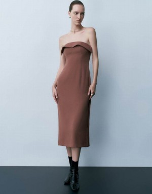 Brown Urban Revivo Sleeveless Off-Shoulder Skinny Women's Dress | 98637PEIW