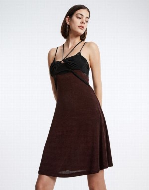 Brown Urban Revivo Spliced Sheer Mesh Cami Women's Dress | 98527CWJY