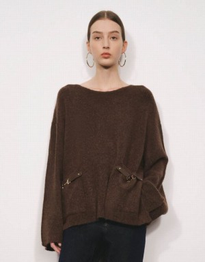 Brown Urban Revivo Standard Sleeve Crew Neck Knitted Women's Cardigan | 42957DBMW