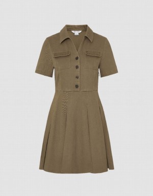 Brown Urban Revivo V-Neck Pleated A-Line Women's Dress | 18547WQEV