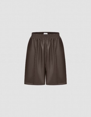 Brown Urban Revivo Vegan Leather Elastic Waist Women's Shorts | 93071IFAW