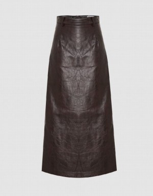 Brown Urban Revivo Vegan Leather Maxi Straight Women's Skirts | 41739EDPU