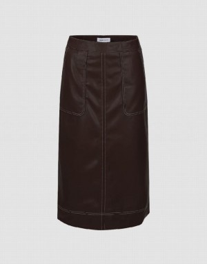 Brown Urban Revivo Vegan Leather Midi Straight Women's Skirts | 68594EIKU