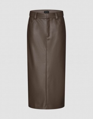 Brown Urban Revivo Vegan Leather Midi Straight Women's Skirts | 90814TYCF