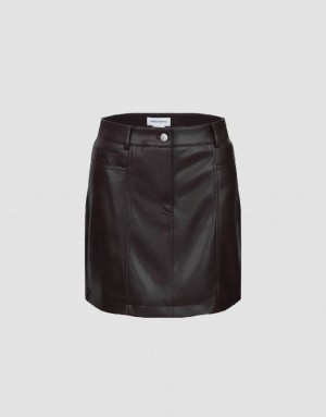 Brown Urban Revivo Vegan Leather Mini A-Line Women's Skirts | 06312BVUF