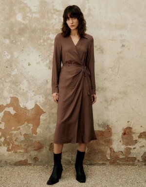 Brown Urban Revivo Wrap A-Line Women's Dress | 07532JOET