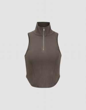 Brown Urban Revivo Zip Half Placket Women's Tank Top | 14793KWUM